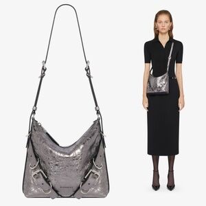 Givenchy Small Voyou Laminated Leather Crossbody Bag Silvery Grey NWT